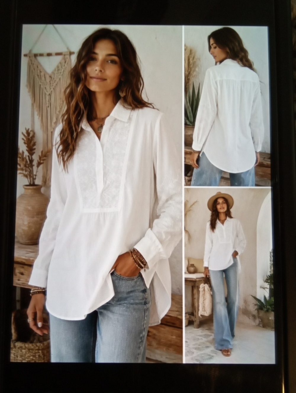 Sundance White Embroidered Button-Down Tunic Boho Long Sleeve Womens LARGE